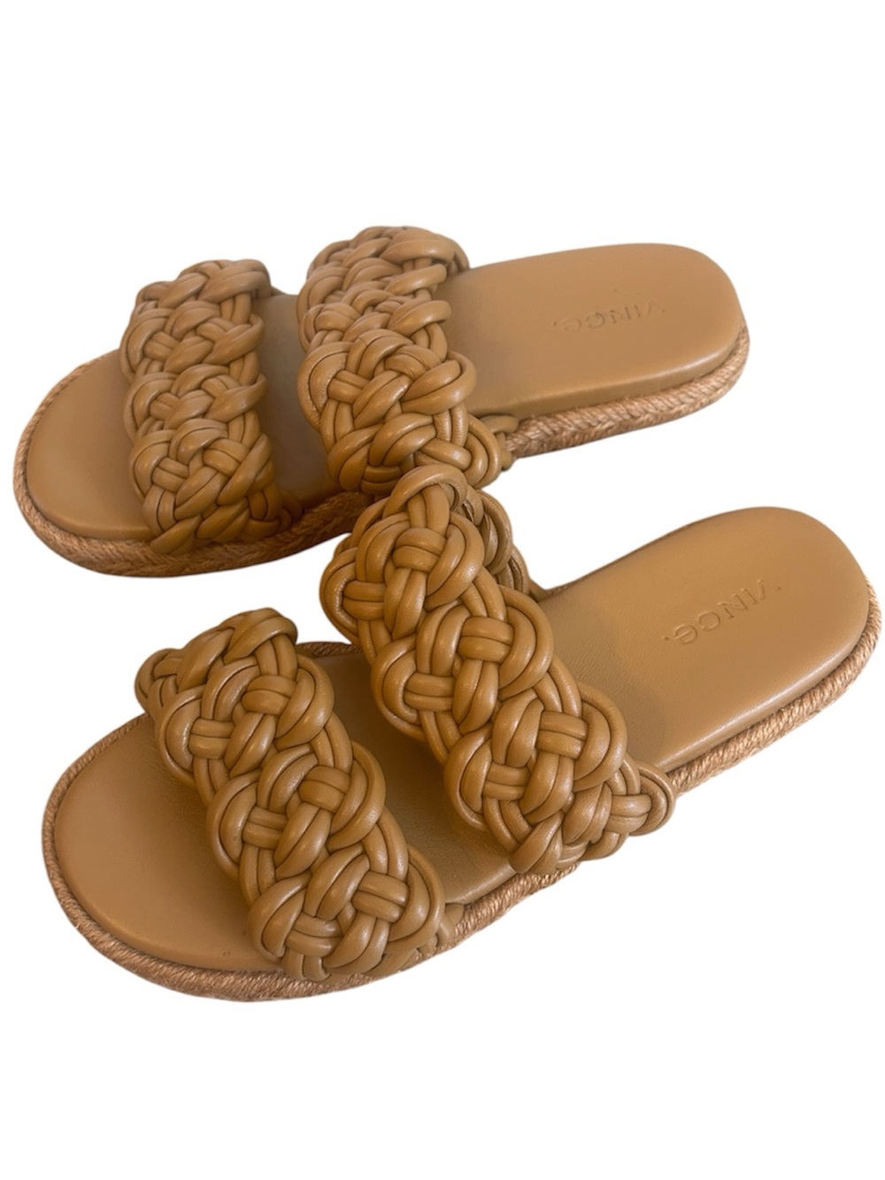 Vince Braided Double Strap Sandals Tan 6.5 Woven Summer Slip On Slides